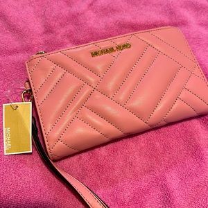 Michael Kors Peyton Large LG Double Zip Wristlet Wallet Vegan Faux Leather Pink